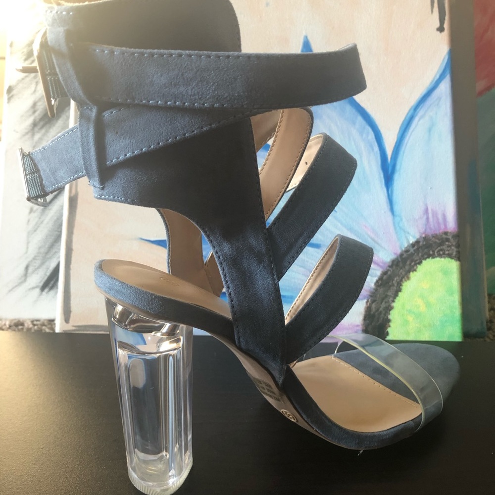 Baby Blue, suede strap up, toeless clear heel